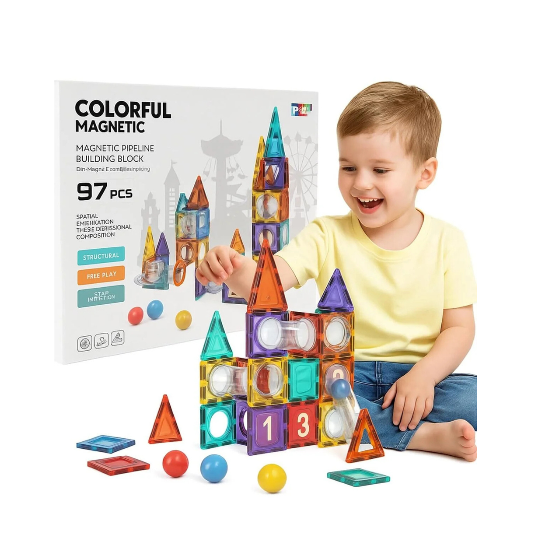97 Magnetic Tiles Building Blocks Set | Large & Colorful Magnet Pipeline Building Blocks