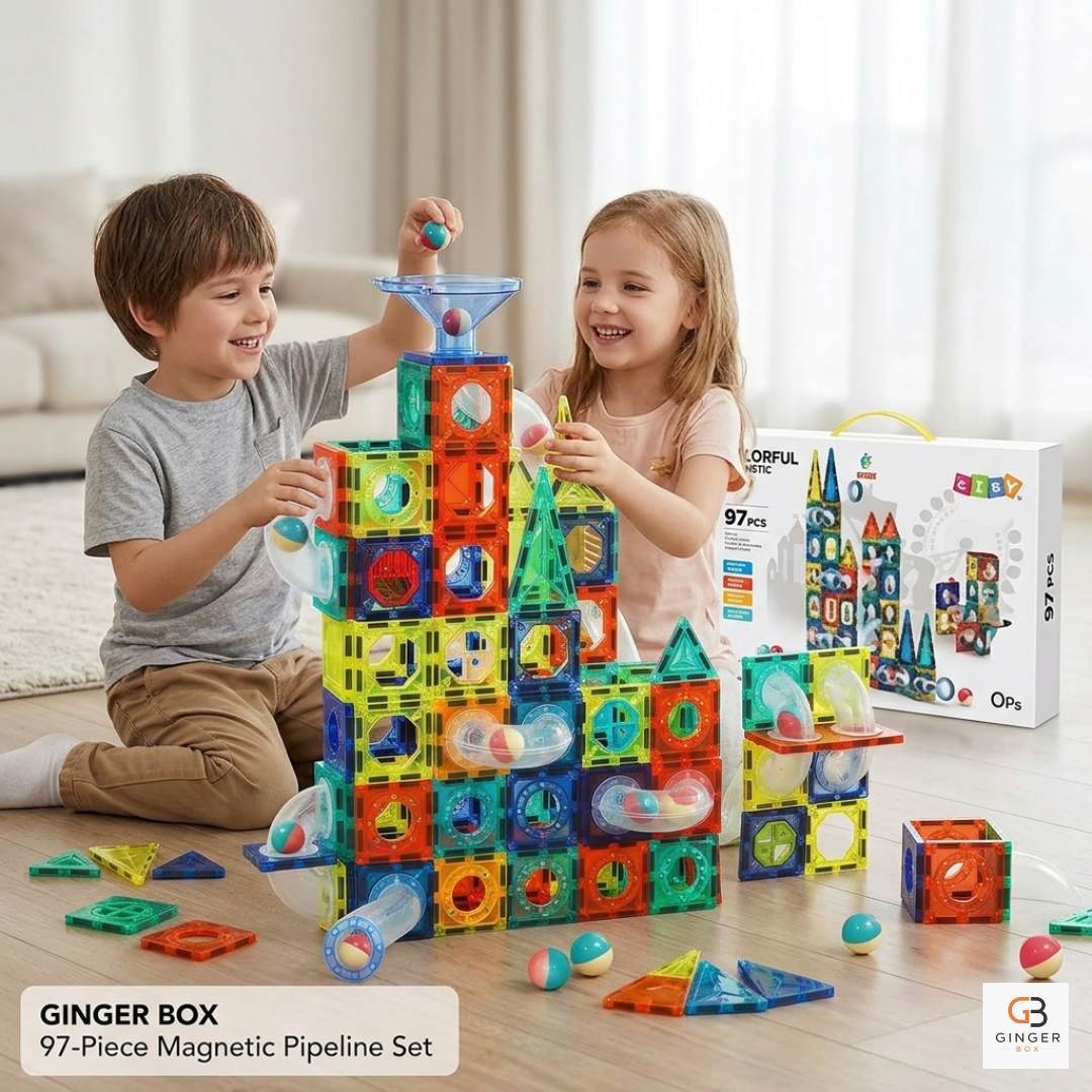 97 Magnetic Tiles Building Blocks Set | Large & Colorful Magnet Pipeline Building Blocks