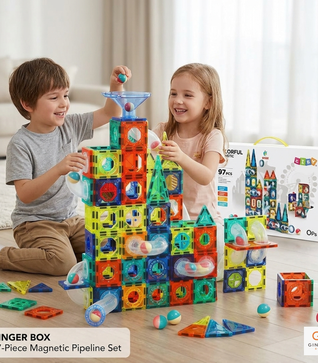 97 Magnetic Tiles Building Blocks Set | Large & Colorful Magnet Pipeline Building Blocks